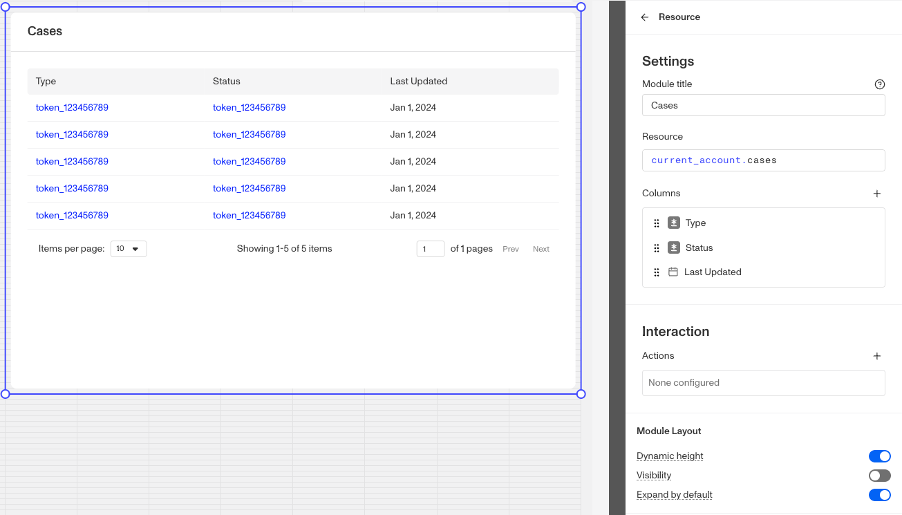 Cases module settings with Module title, Resource and Columns