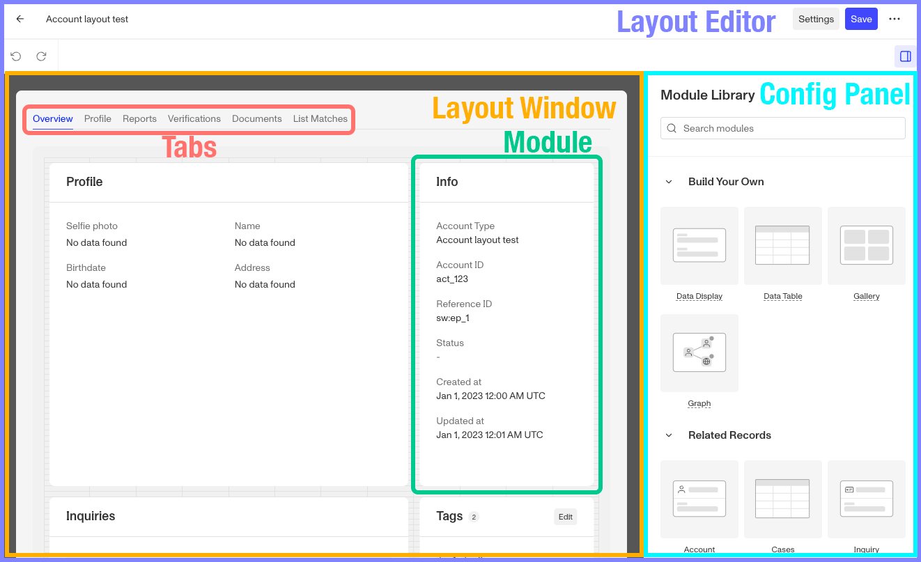 Account layout editor with the layout window, tabs, a module and the config panel labelled