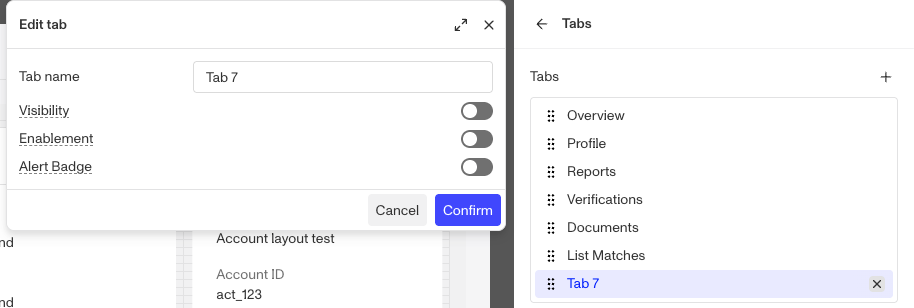 Tabs panel with Add tab, drag handles and Delete, and the Edit tab window