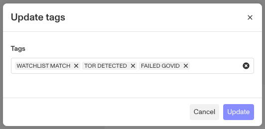 Update tags window with Cancel and Update buttons