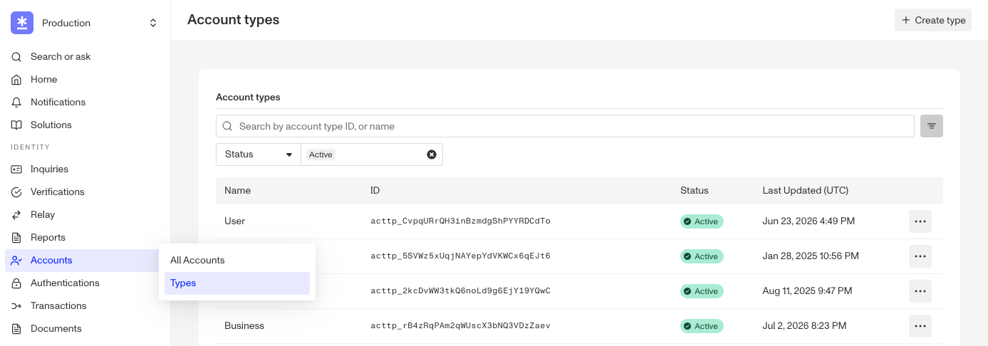 Accounts > Types page with the list of Account Types and the Create type button