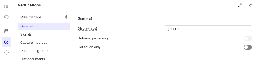 General configuration section of a Document Verification template showing the Collection only toggle