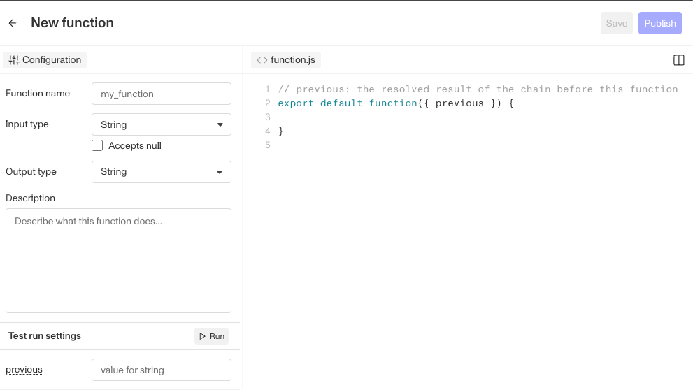 Function editor showing the configuration panel, test run settings, and code editor