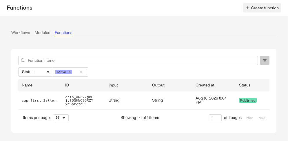 Function tab showing existing functions and the function search bar