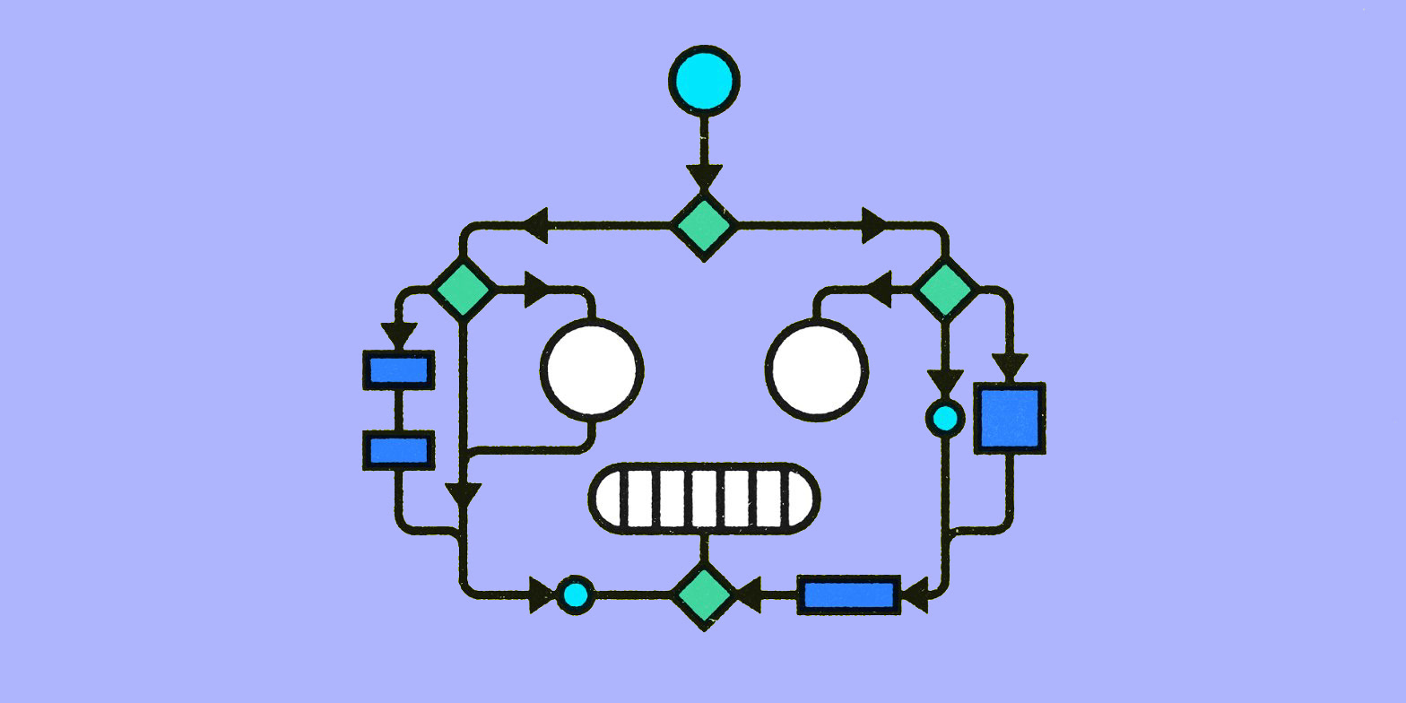 Image of a robot head that looks like it's part of a workflow.