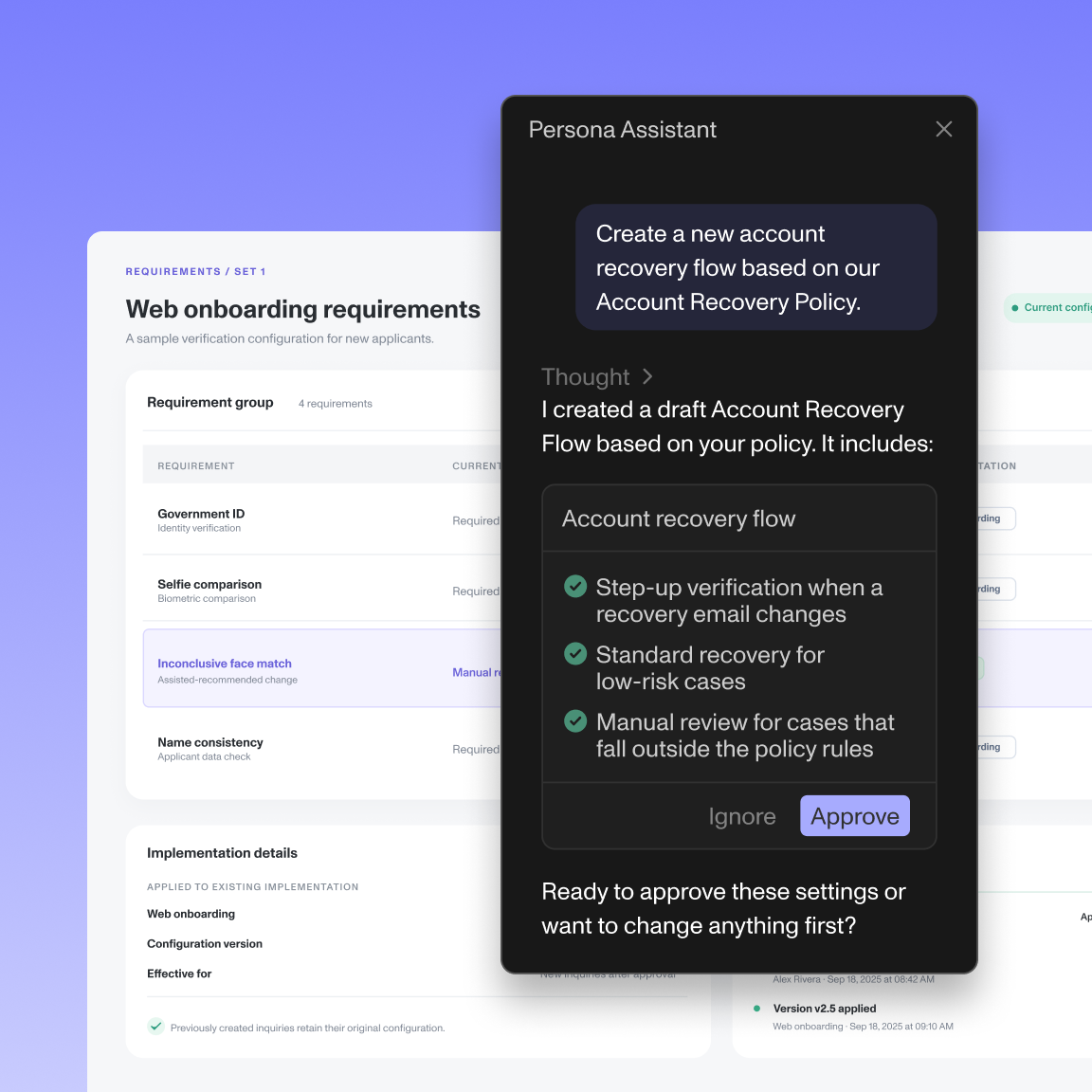 Persona Assistant recommending a configuration update to approve