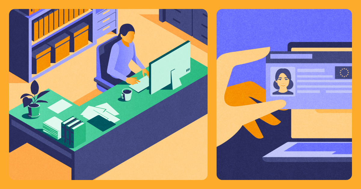Illustration of an office worker at a desk alongside a hand holding an EU identity card in front of a laptop.