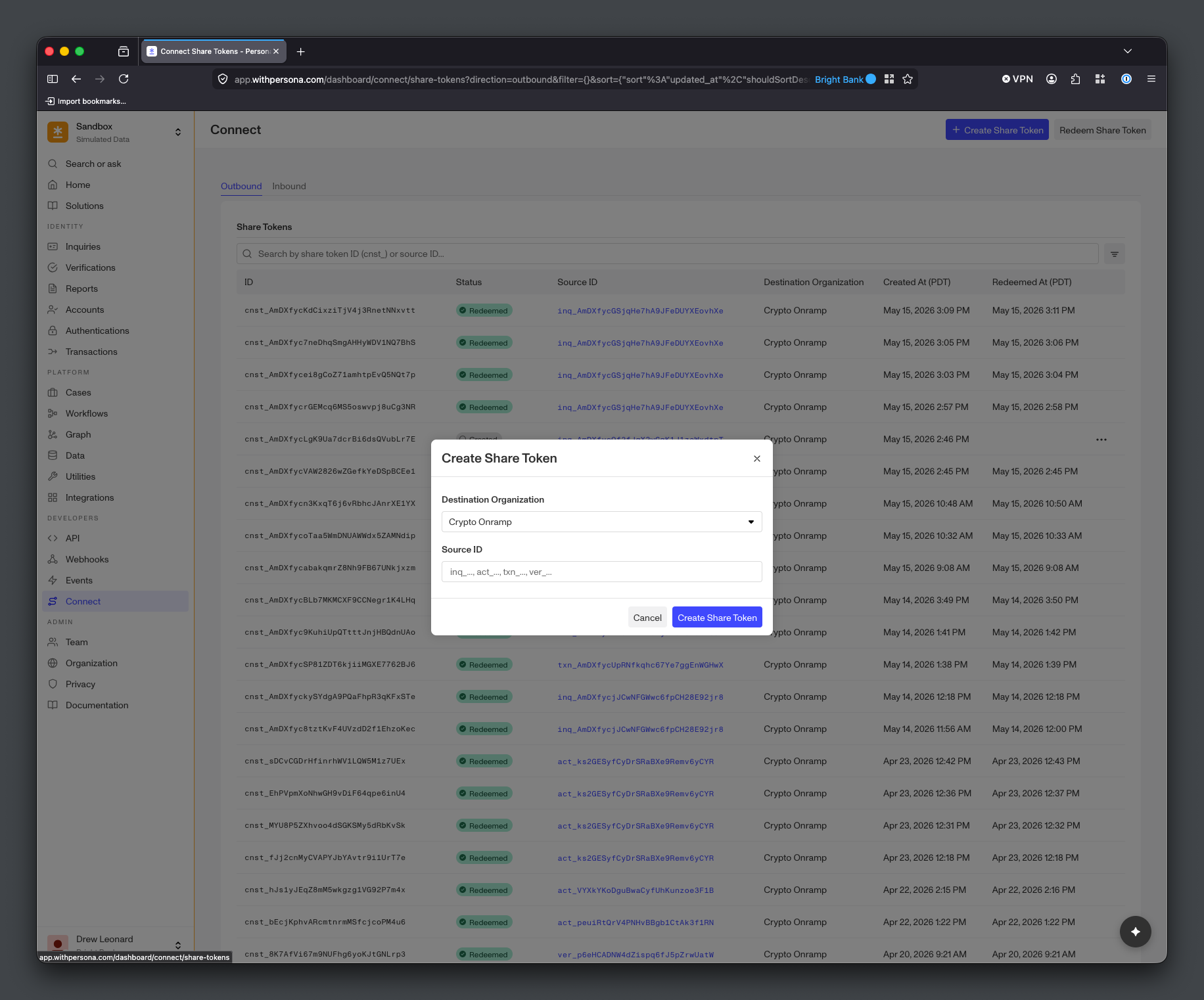 Persona Dashboard form for creating a Share Token