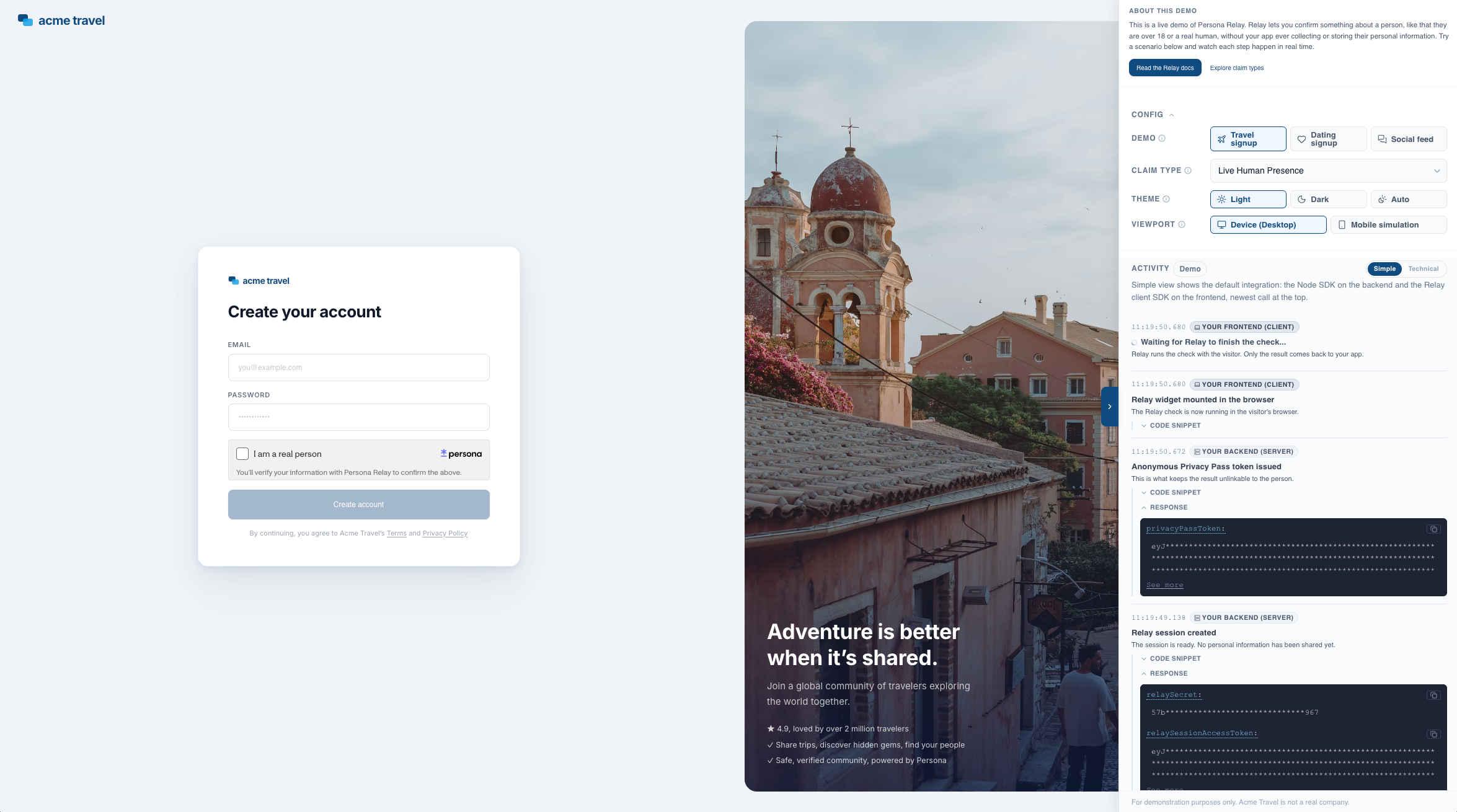 Preview of the Relay demo showing a sample signup form and activity panel