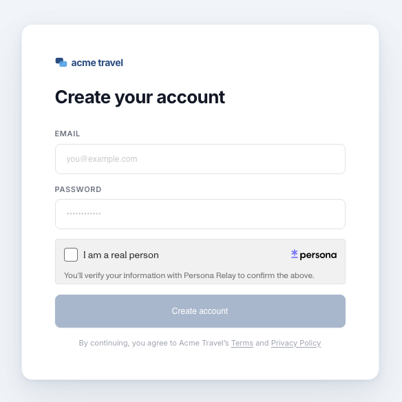 The Relay demo: a sample travel signup form with an "I am a real person" check powered by Persona