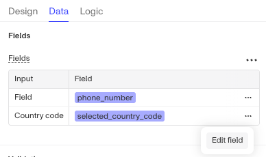 Edit field option in the country code field menu
