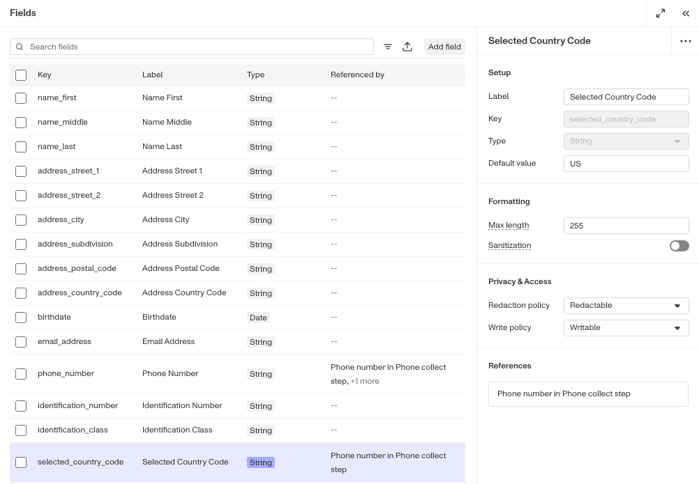 Default value field in the Selected Country Code field editor