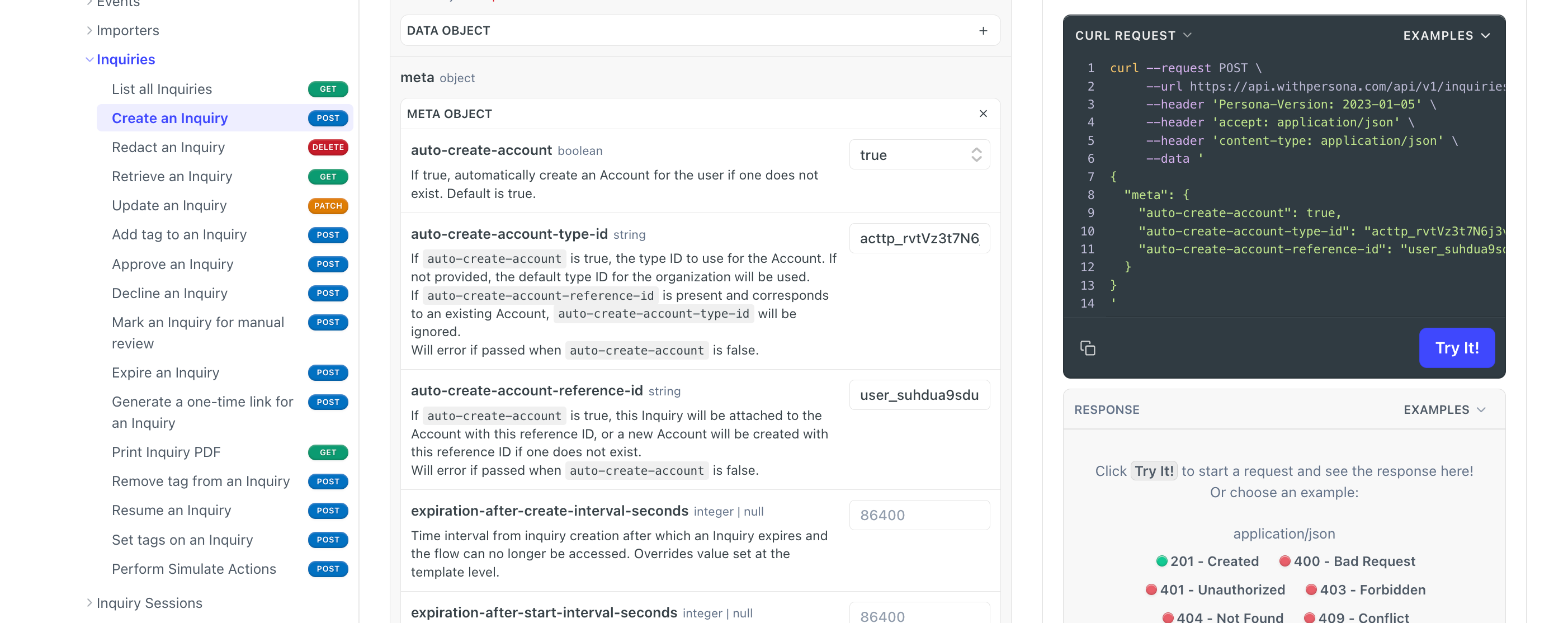 Example Create an Inquiry API request with create Account metadata
