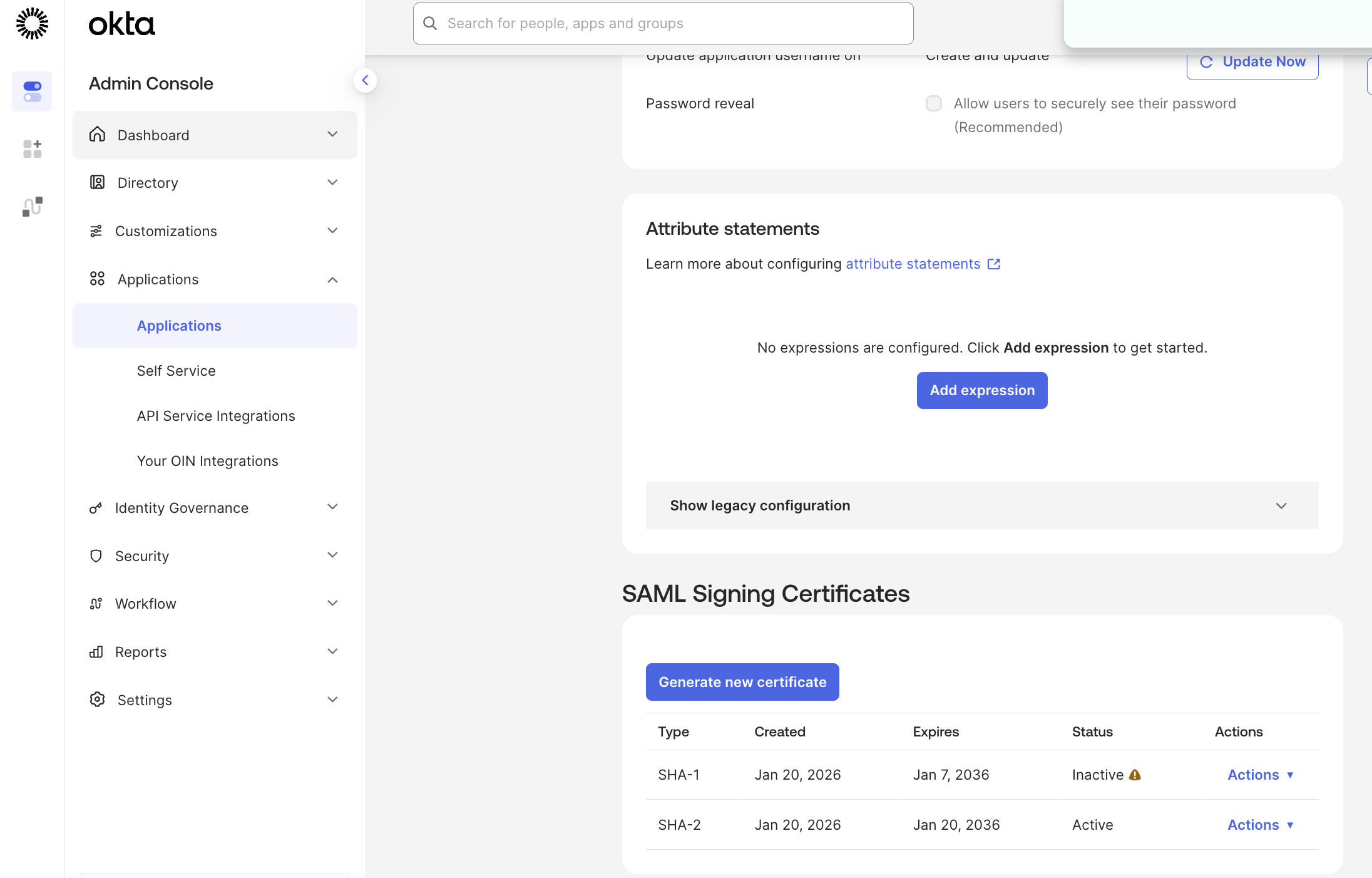 Generate a new certificate in Okta