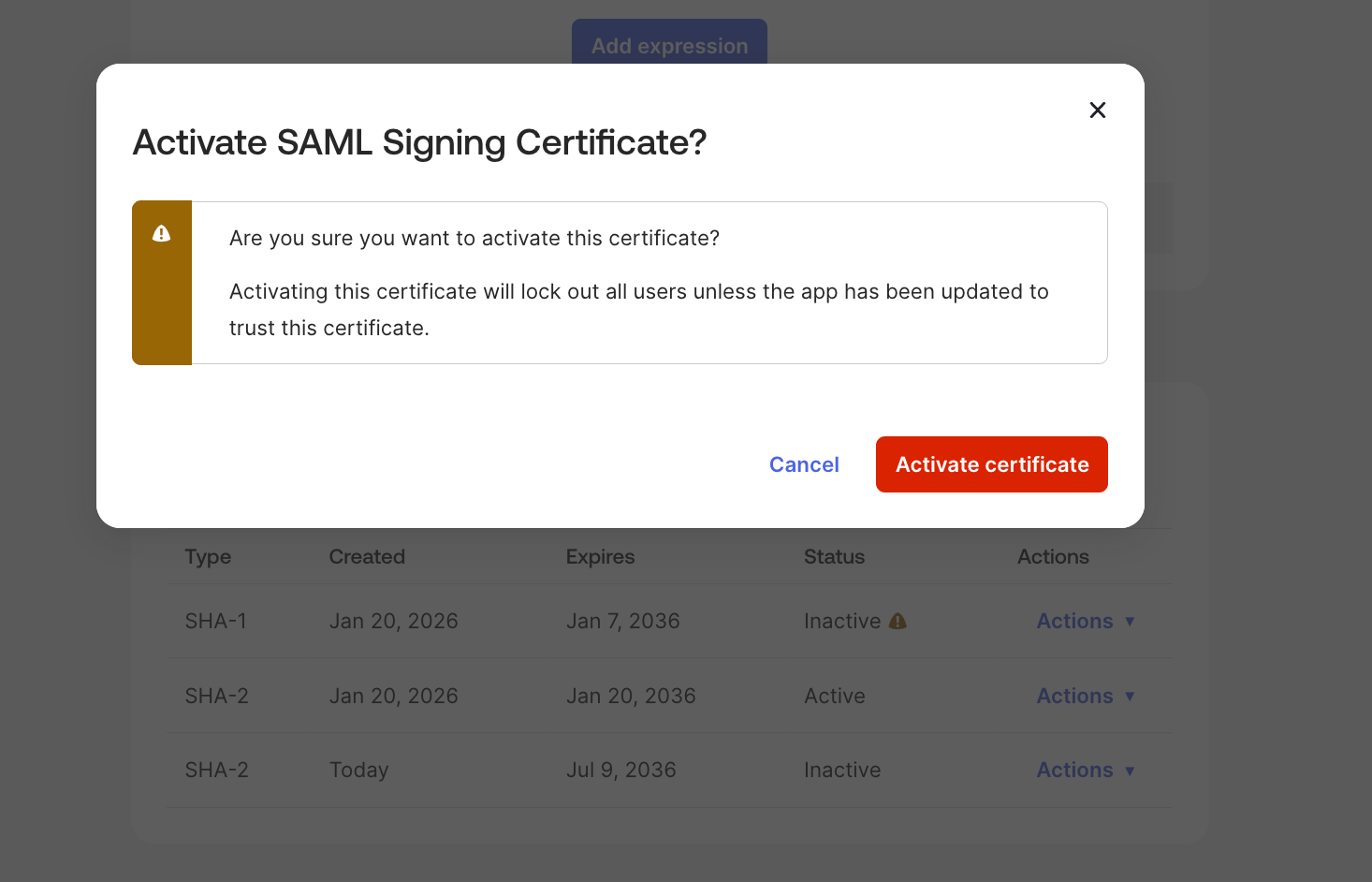 Activate Action for Certificate in Okta SAML SSO