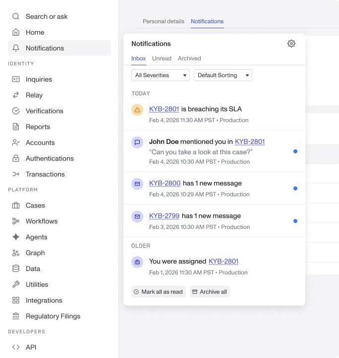 Persona Dashboard Notifications menu showing Inbox, Unread, and Archived tabs with recent alerts