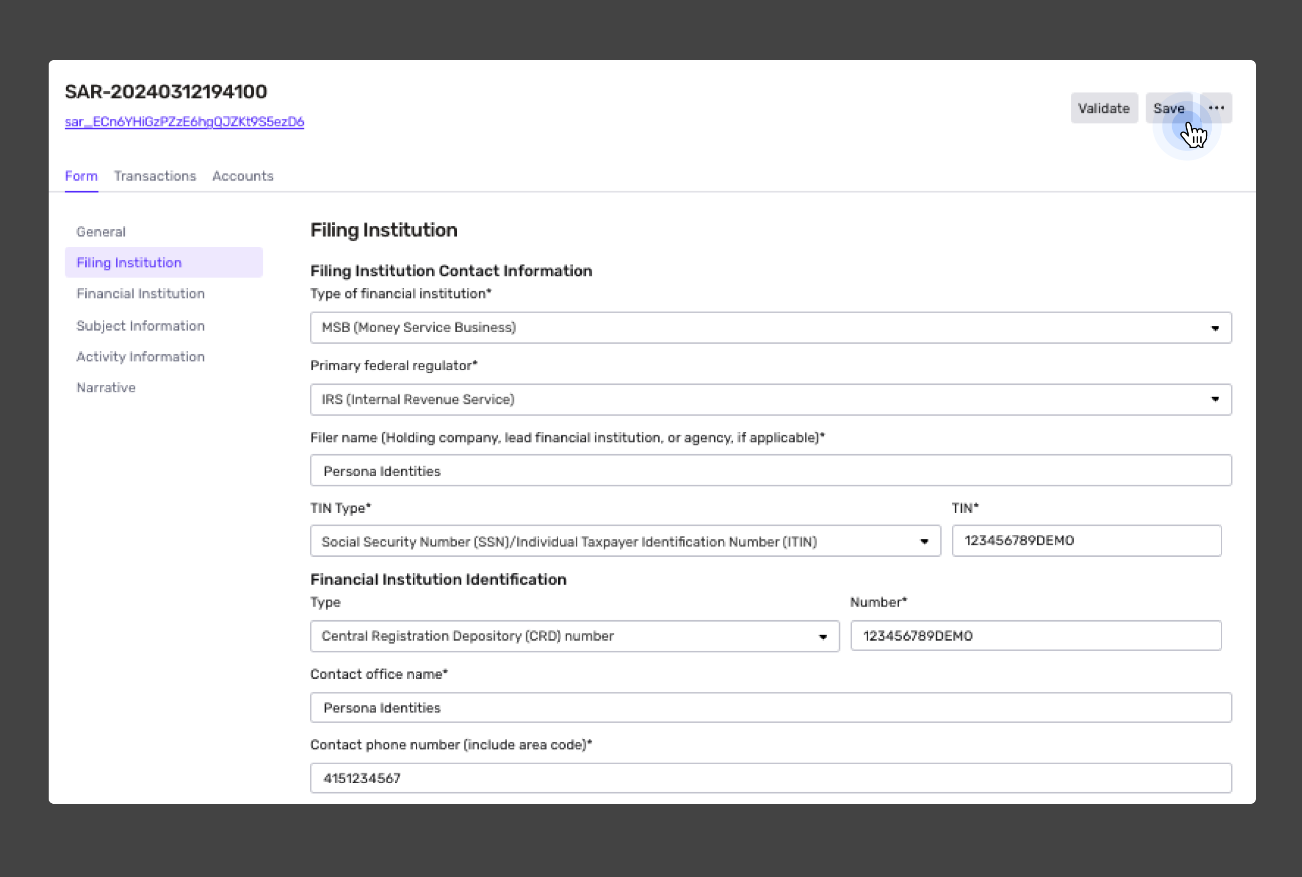SAR Filing Institution Information