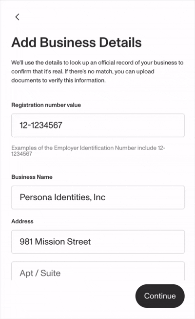 Business Search Prefill auto-fills the selected business's name, registration number, and address into the Add Business Details screen