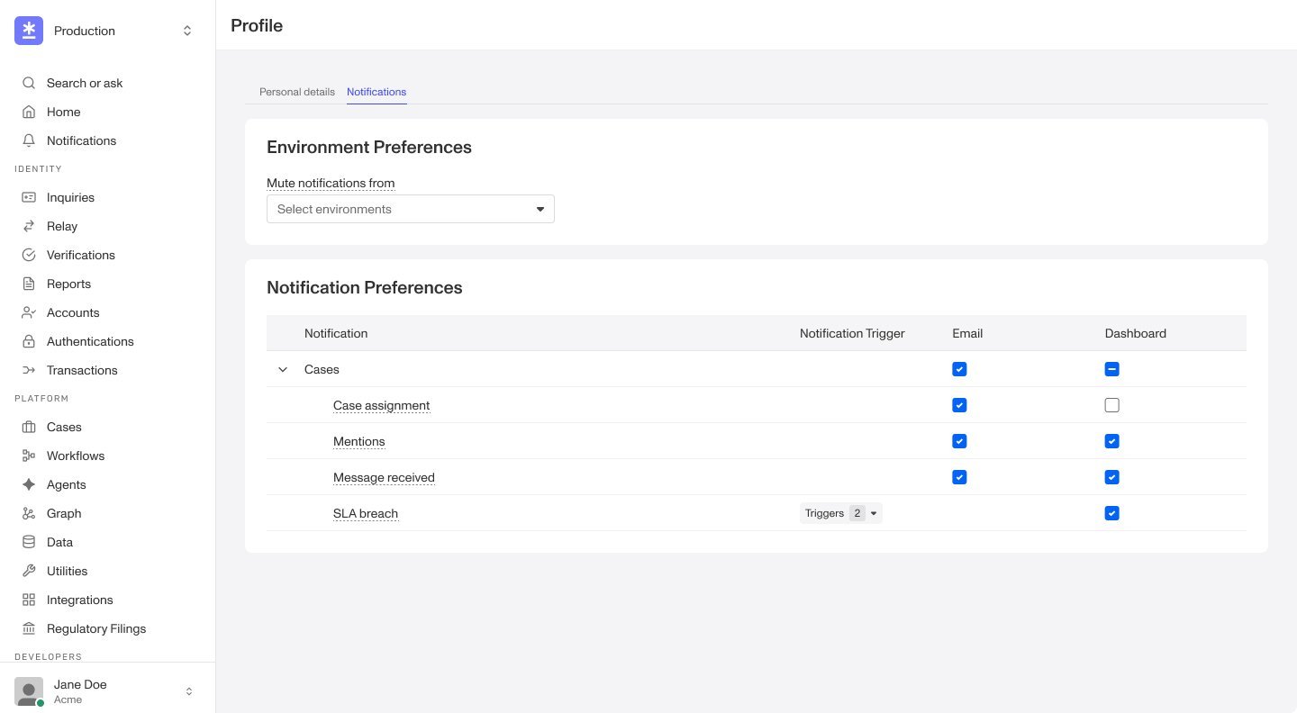 Profile Notifications settings showing Case assignment and SLA breach notification preferences
