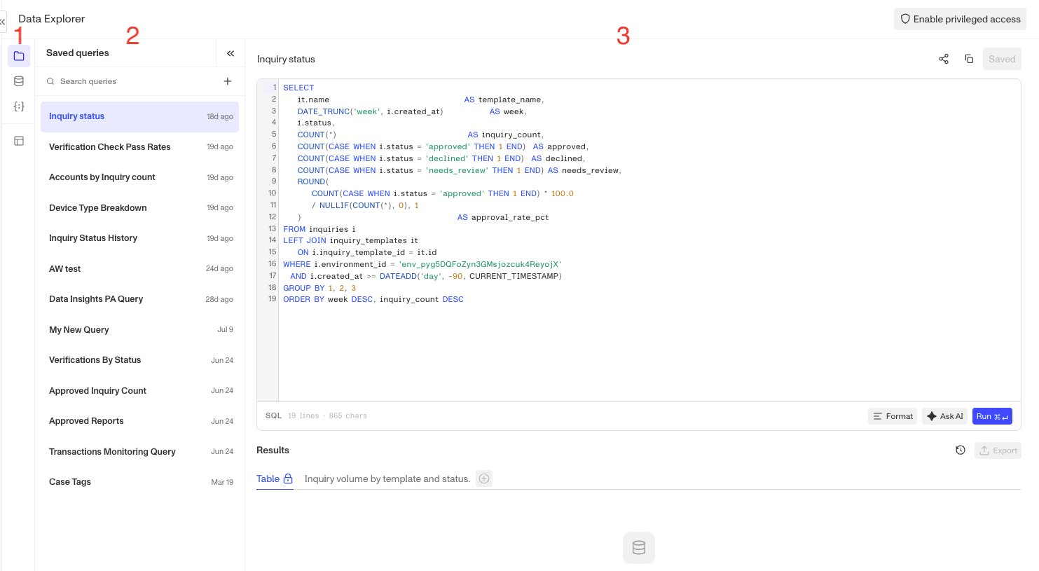 The Data Explorer editor, showing the saved queries column, the navigation rail, and the query builder