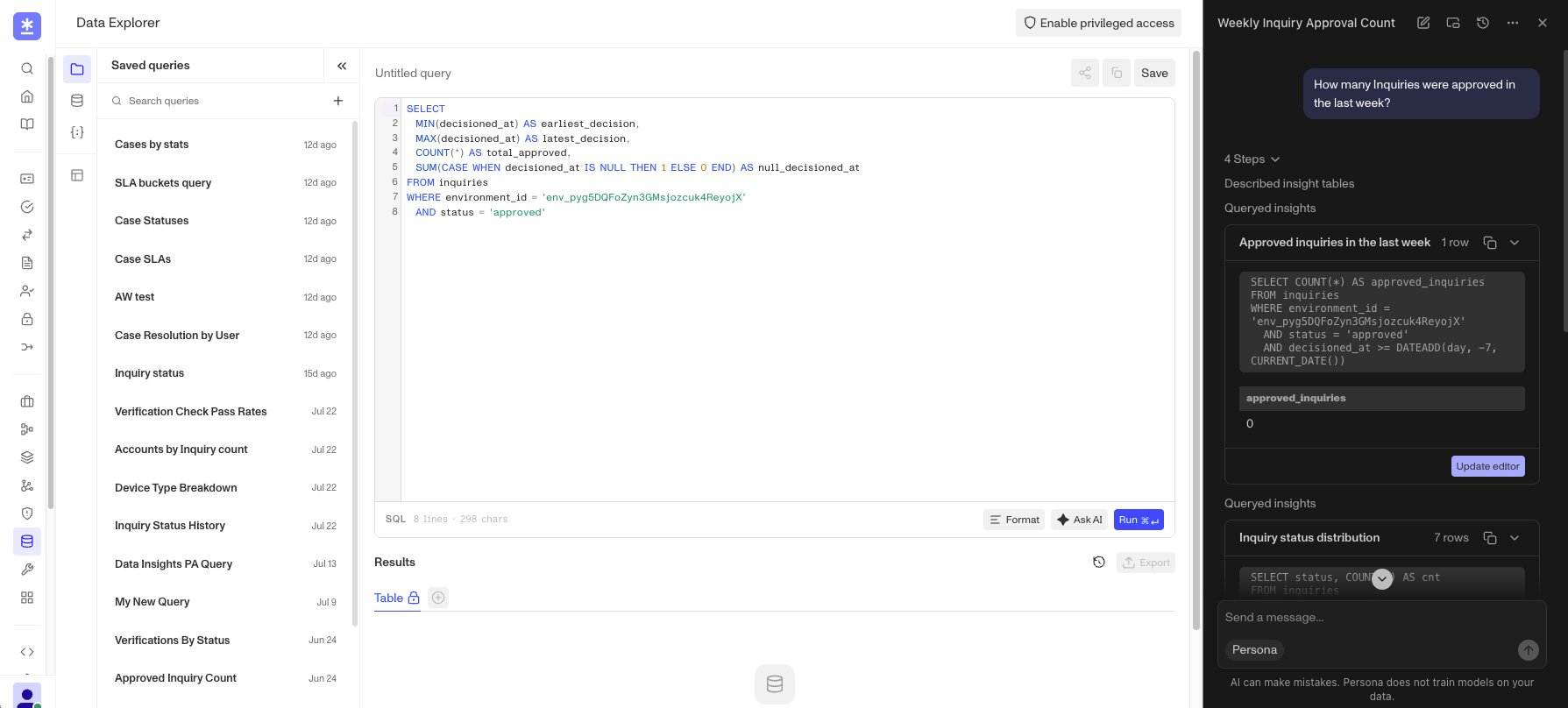 Persona Assistant writing a query in the Data Explorer editor
