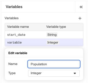 The Variables panel with the Edit variable card open