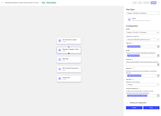 Chainalysis KYT-related Workflow example: Register a Transfer