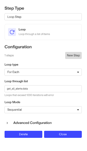 Loop step configuration in Workflows