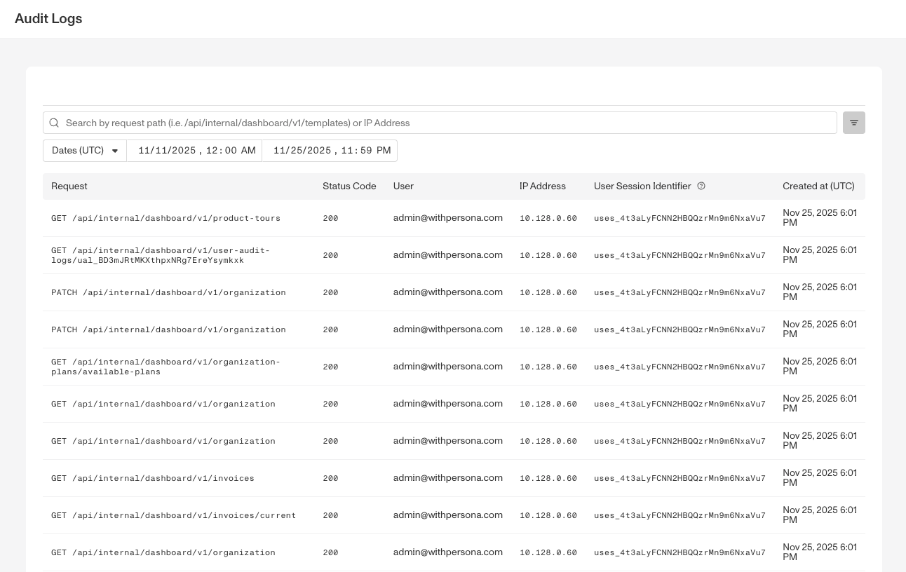 The Audit Log Explorer at Team > Audit Logs, showing the last 14 days with the most recent logs first