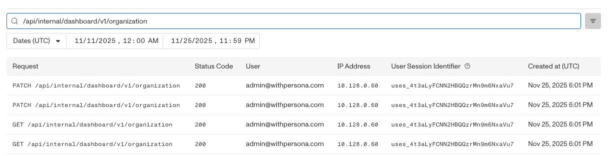 The Audit Log Explorer search bar with a request path typed into it