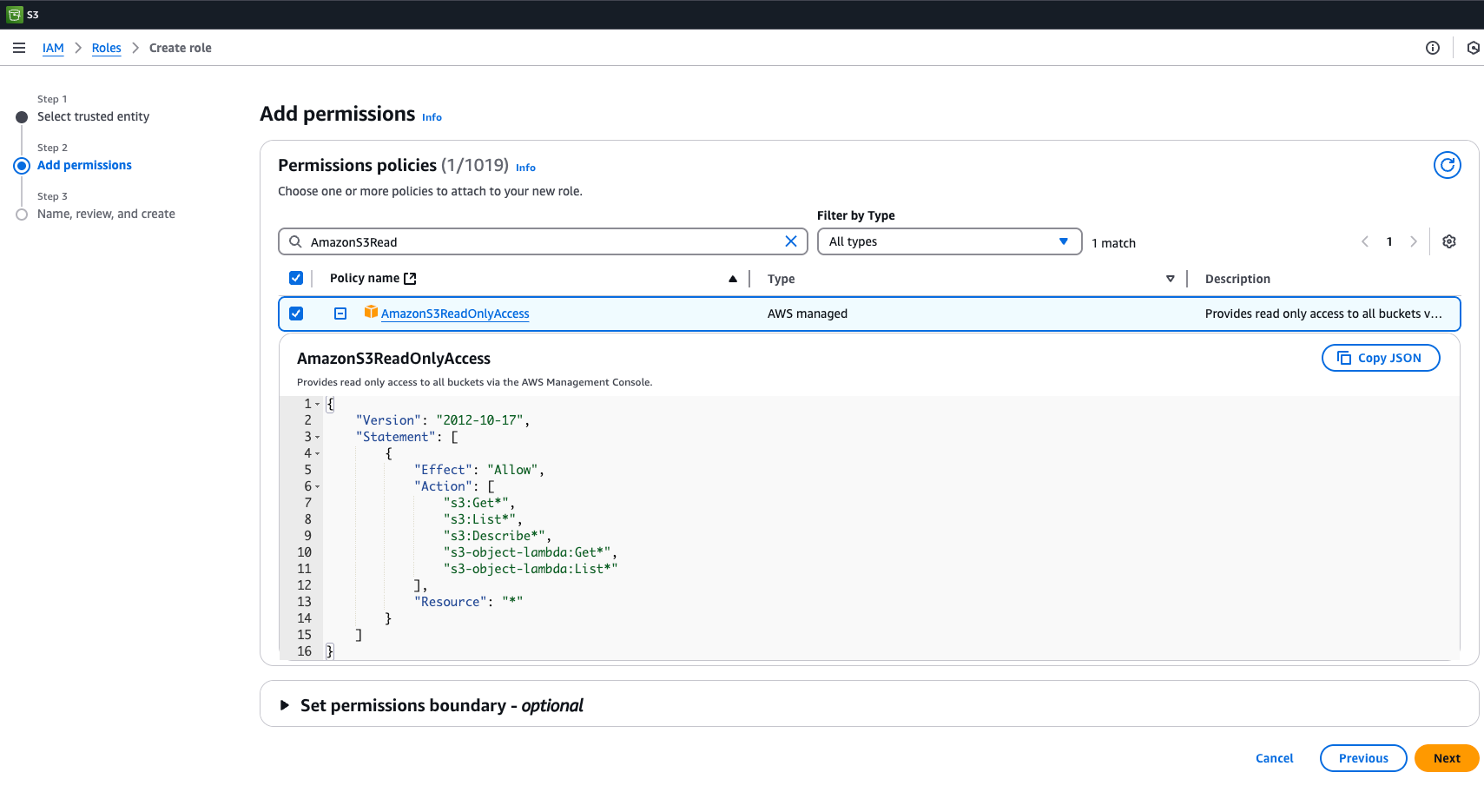 AWS S3 Console: Adding AmazonS3ReadOnlyAccess permission