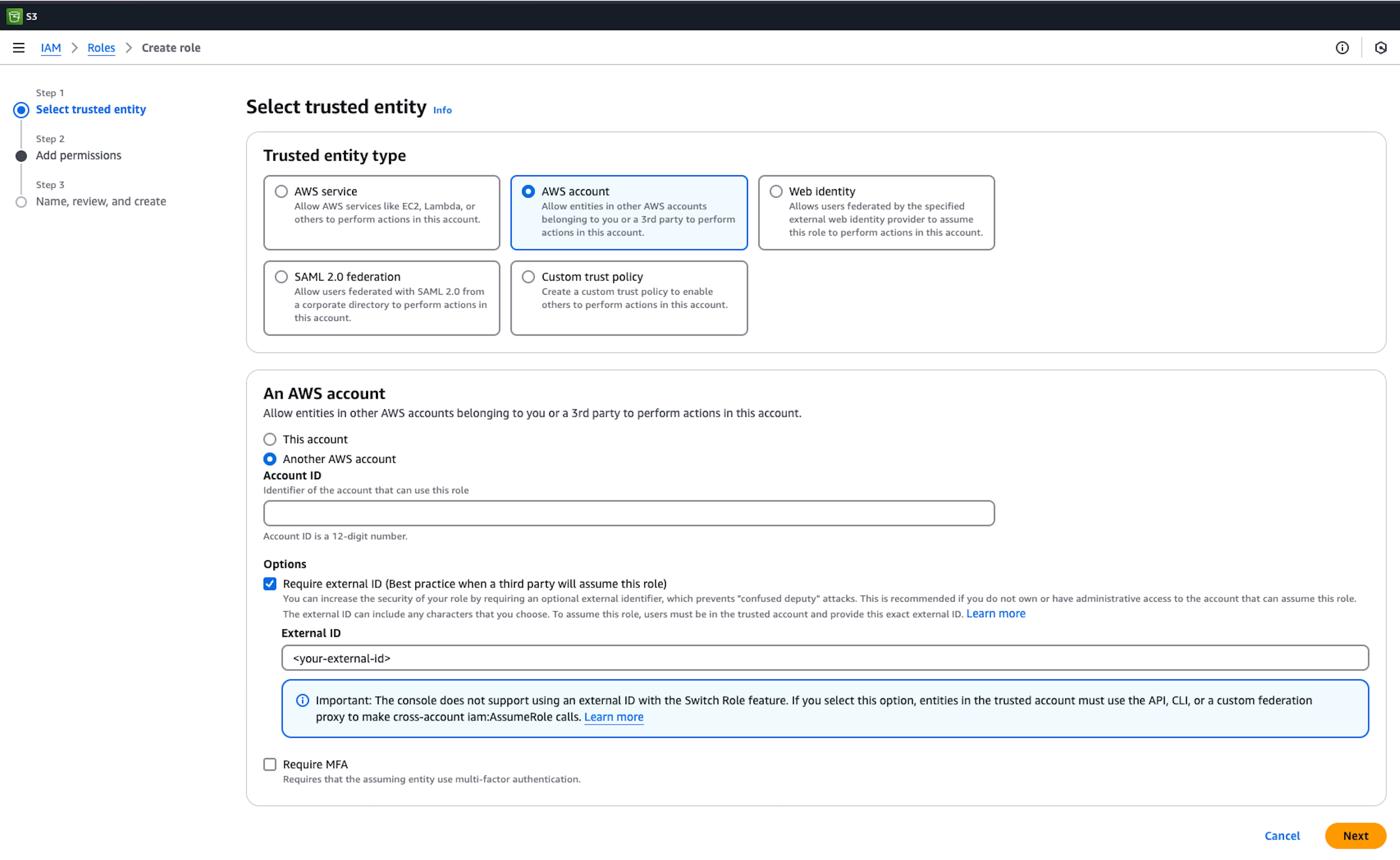 AWS S3 Console: Creating a new role with the Trusted Entity Type