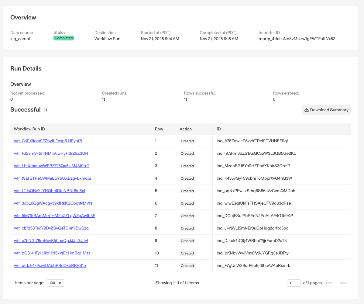 Importer run details for workflow runs