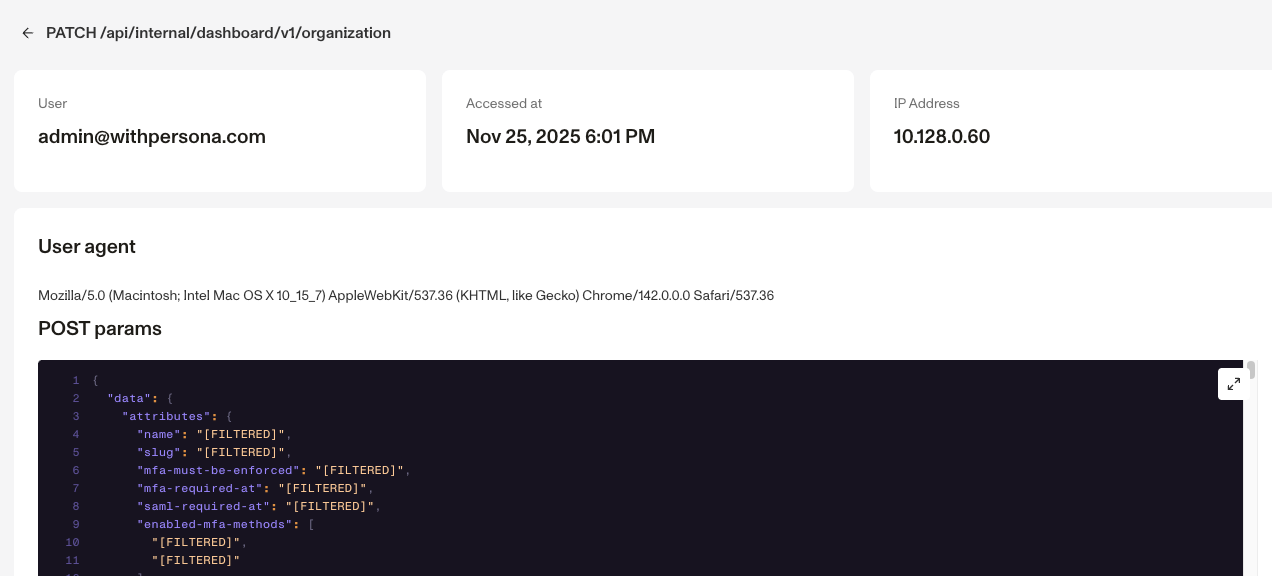 A single User Audit Log, with much of its information redacted