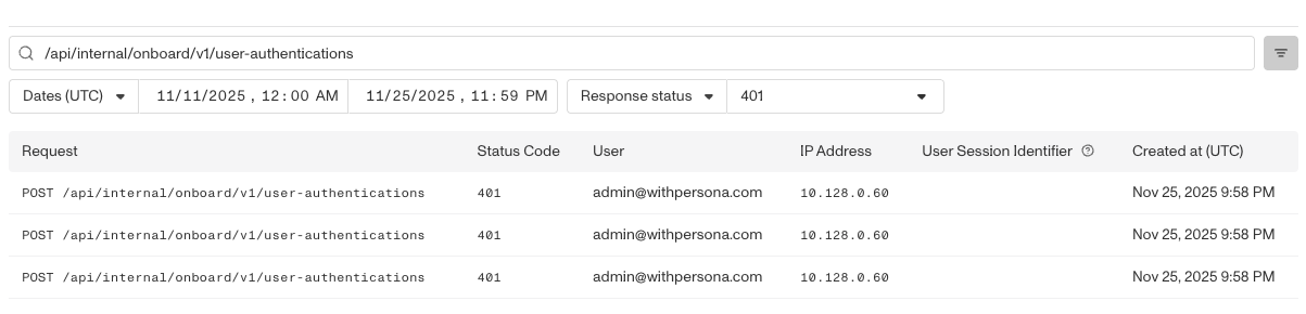 The Audit Log Explorer filtered to a user authentications path with response status 401