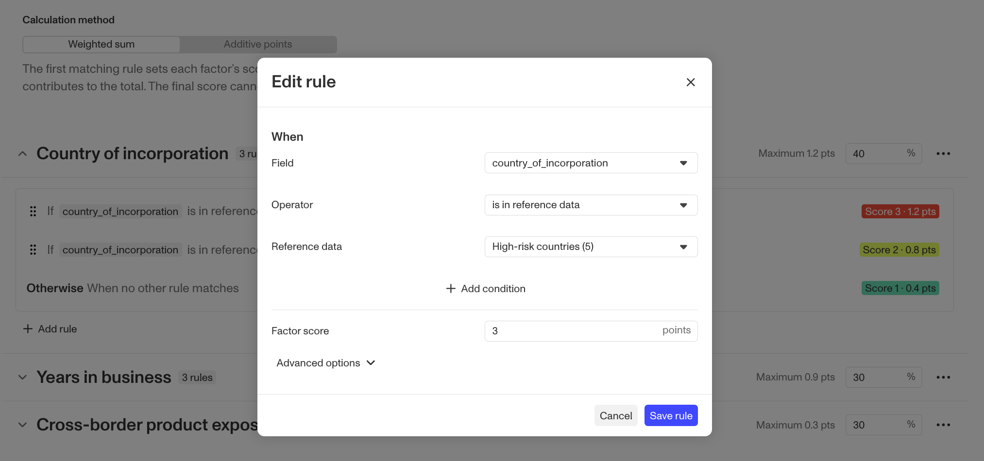 The risk score template editor showing factors, rules, and the Edit rule modal