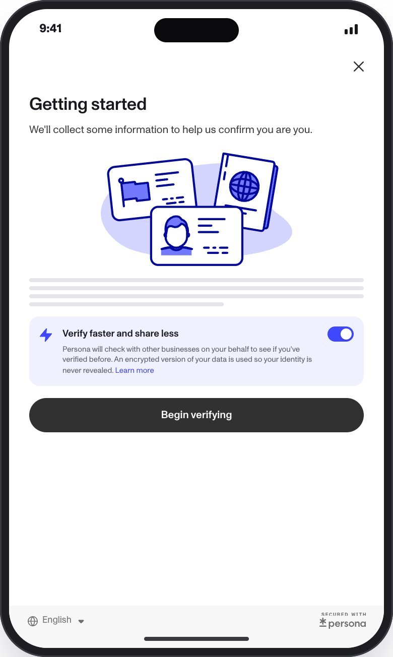 The first screen of a verification with the Verify with Persona option turned on, above the Begin verifying button
