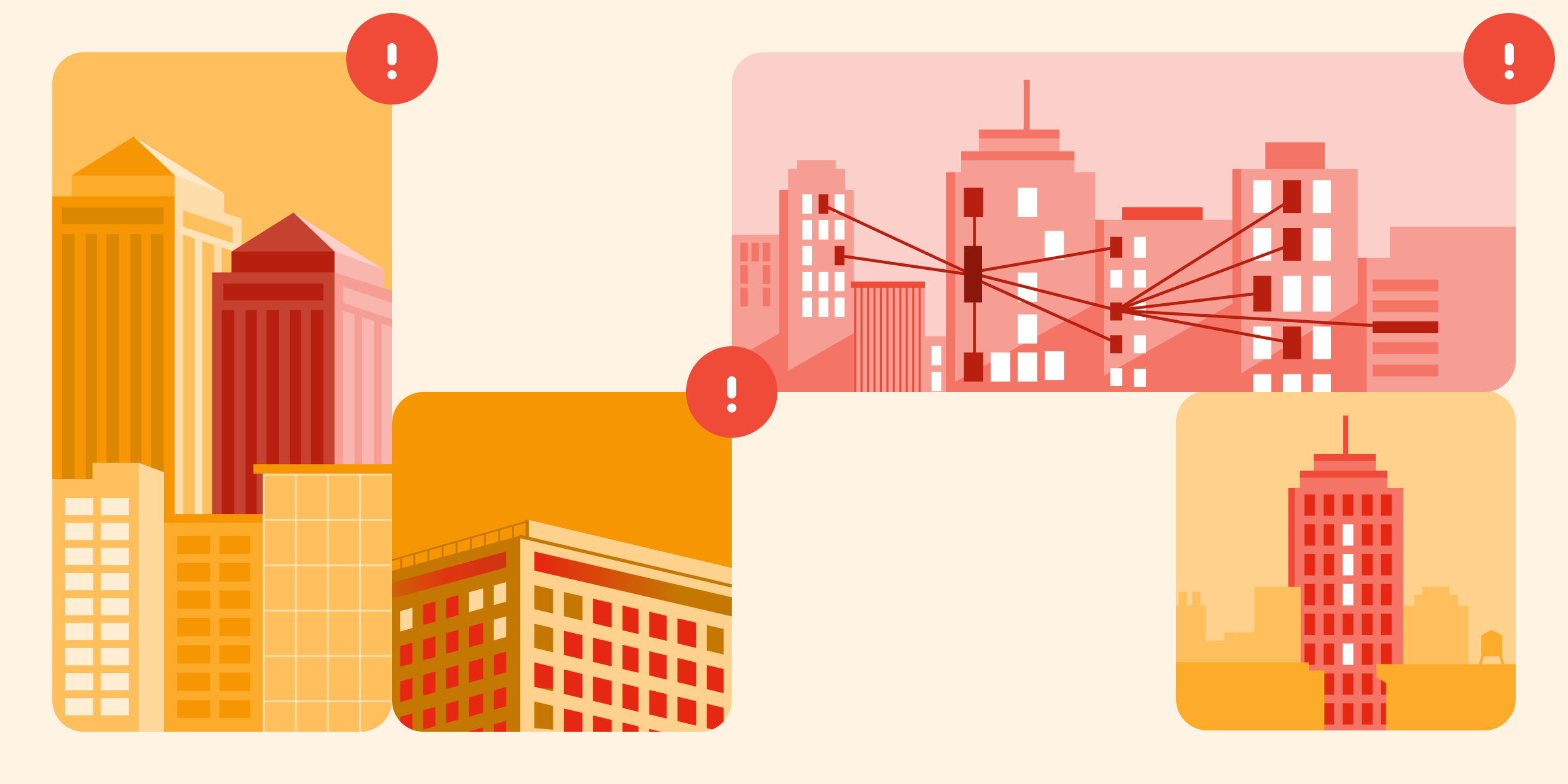 Illustrations of buildings with red exclamation points
