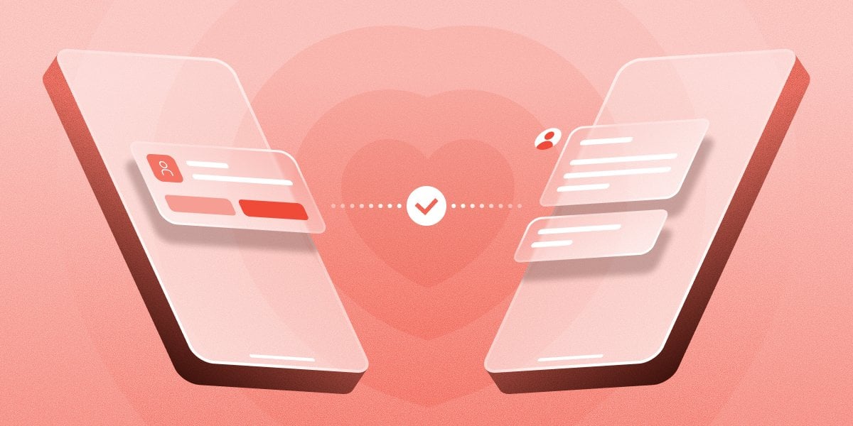Illustration of two smartphones showing dating profile and messaging interfaces connected by a verification checkmark badge on a heart background