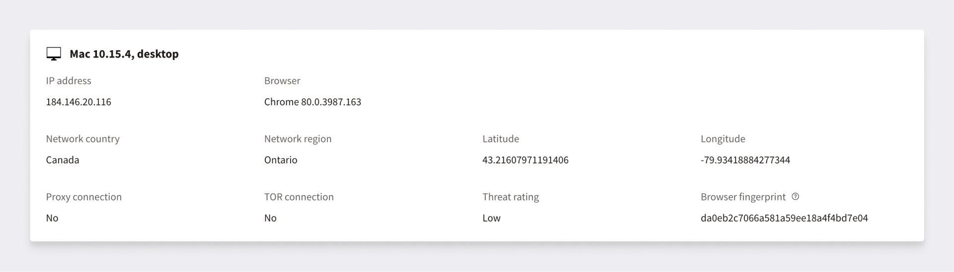 Browser fingerprint section inside inquiry details in the Persona dashboard.