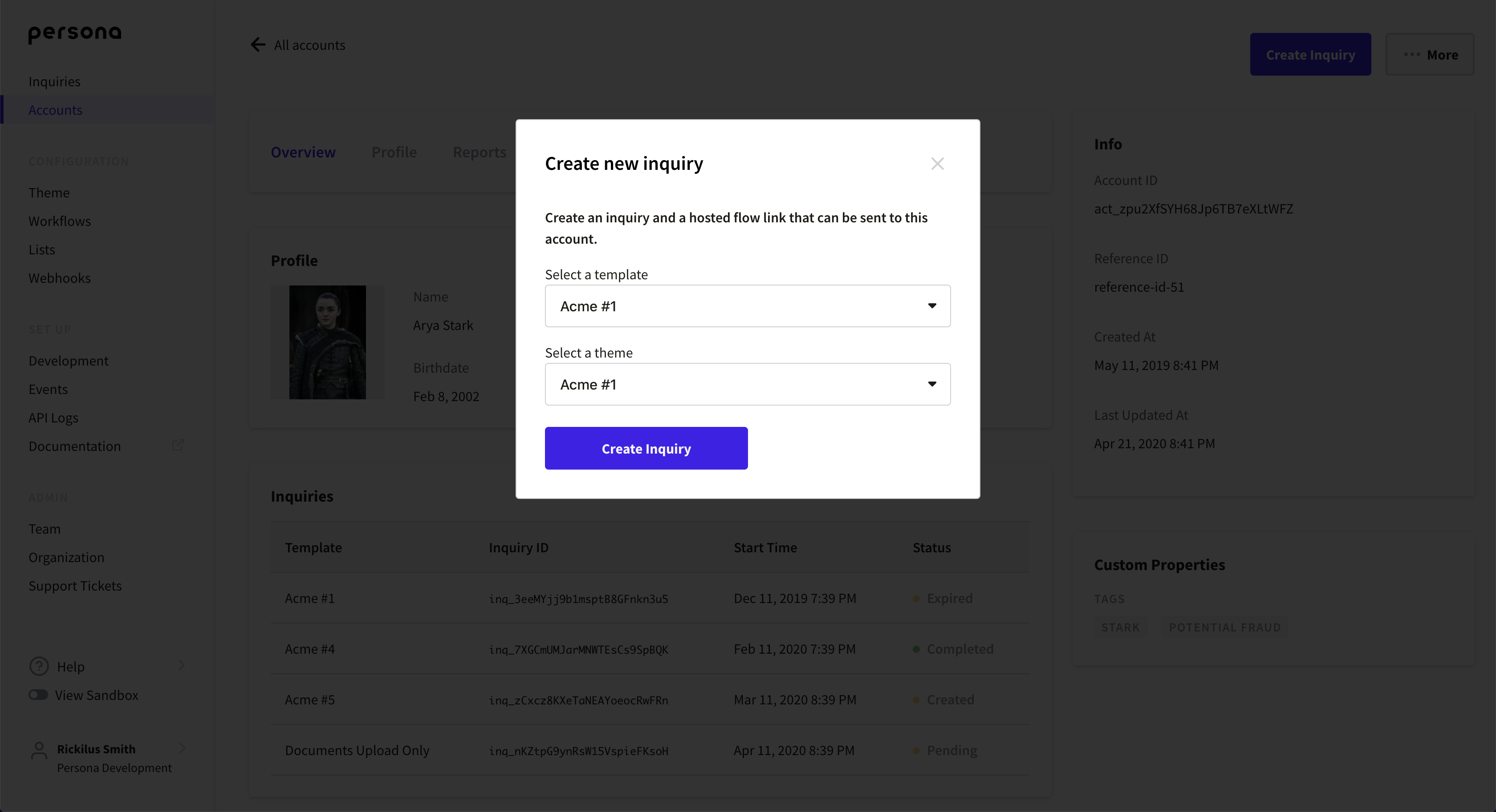 Create a new inquiry for an existing Account to reverify, in the Persona dashboard.