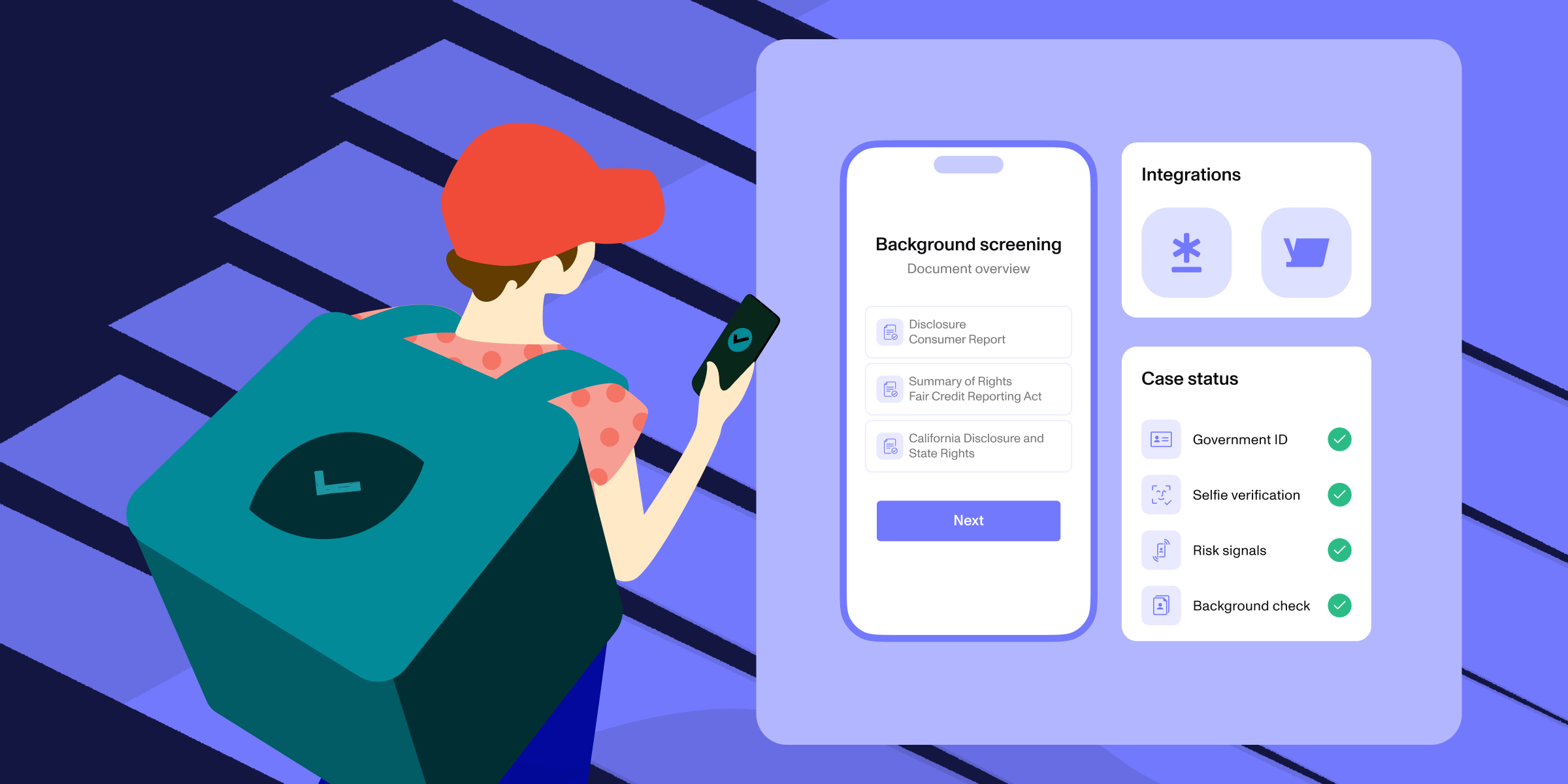 Illustration of a delivery person on their phone. To their right is an illustration if a phone screen showing a background screening flow