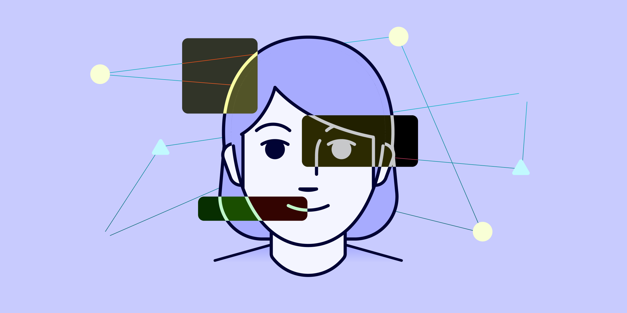 Image of a figure with shapes and lines over their face against a light purple background