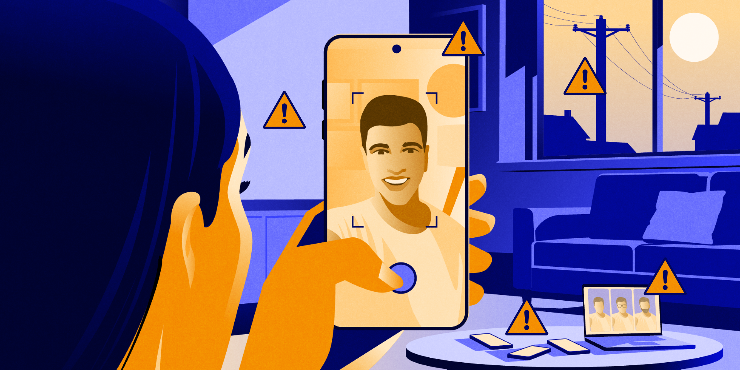Illustration of a woman trying to pass as a man during a selfie check with yellow warning signals scatted throughout the image