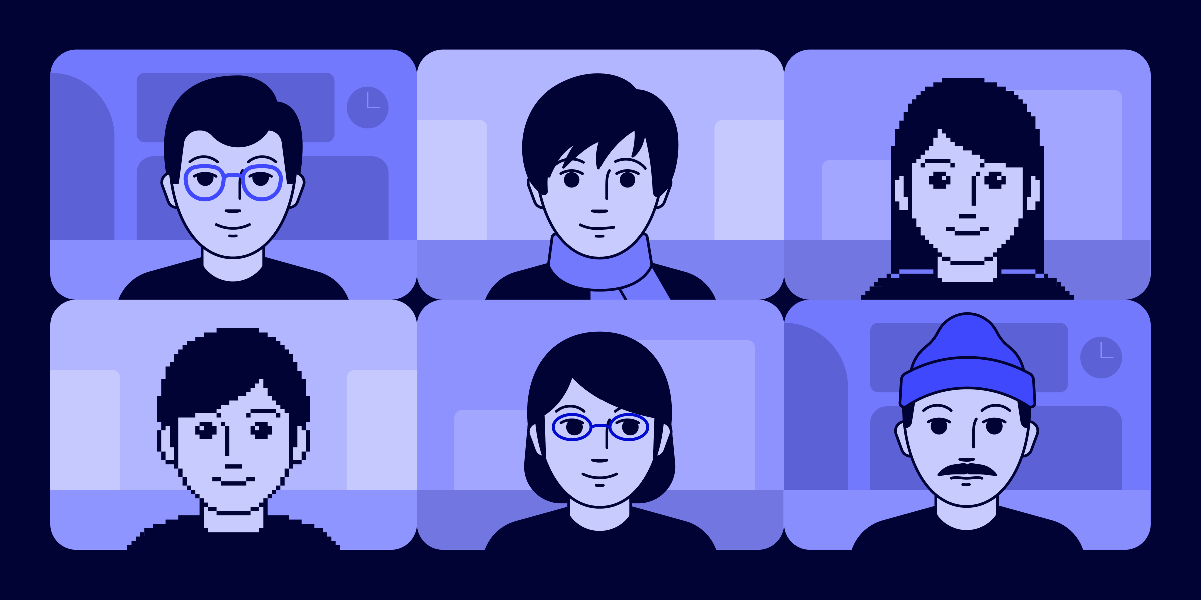Illustration of 6 different people's profiles, 2 of them blurry