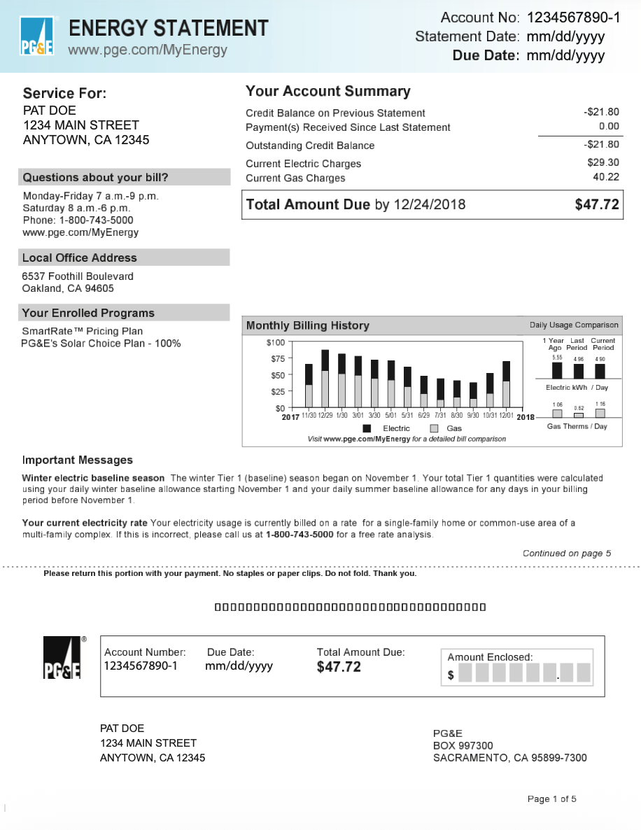 PGE sample bill page