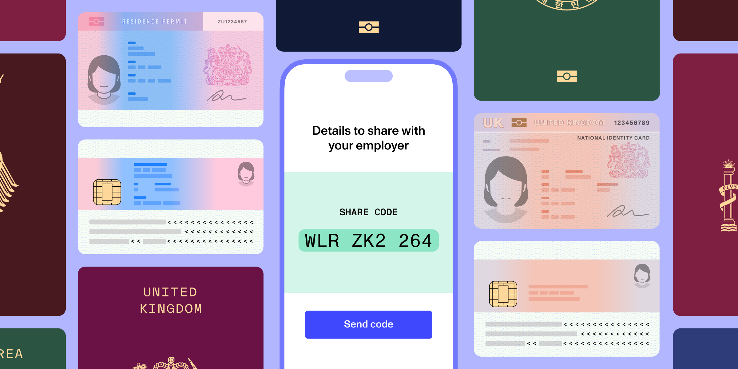 In the background, there are illustrations of different countries' passports. In the center, there's a phone depicting a share code with a button that says "send code"