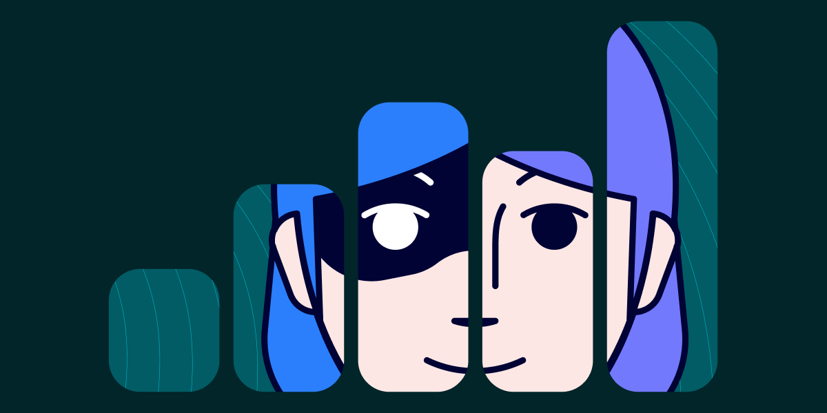 Illustration of a fraudster broken up into panels of different lengths (like a bar chart)