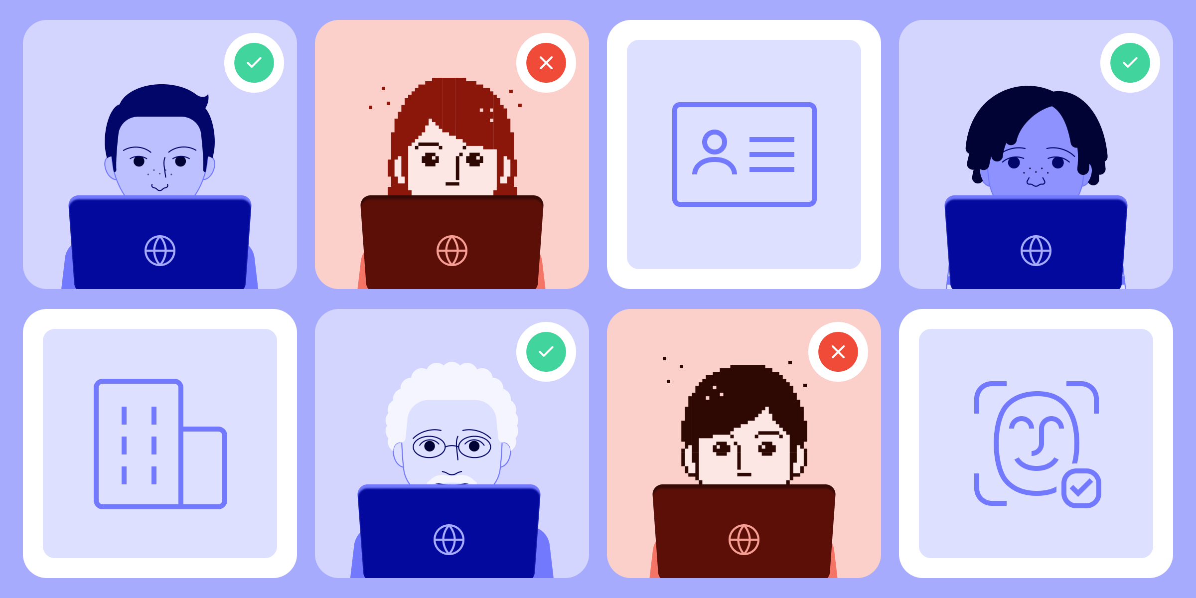 Illustration of various good users (clear with green checkmarks) and bad users (blurry with red x's)
