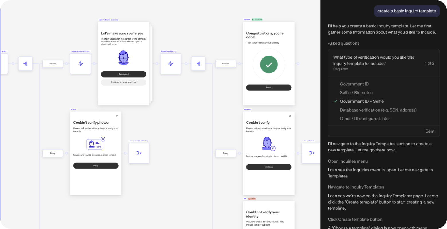 Persona Assistant guiding a user through building a flow in the dashboard